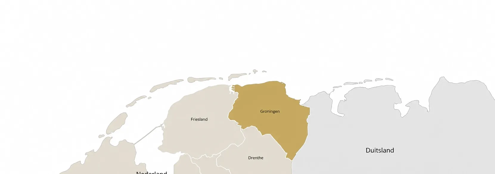 Kaart van de provincie Groningen in Nederland, weergegeven in goudbruin met omliggende provincies en Duitsland in grijs.